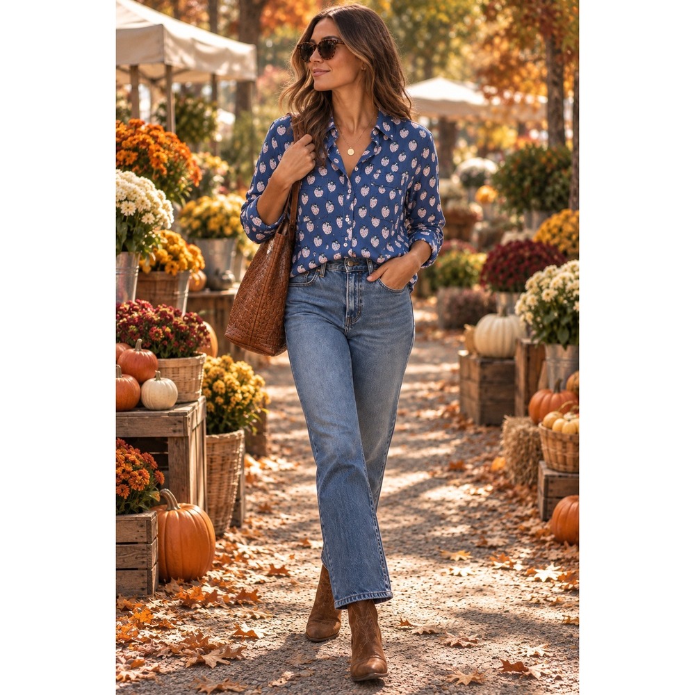 Maeve Anthropologie Strawberry Print Button Down Blouse Rayon Blue White Fall 4